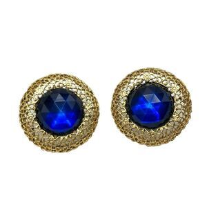 Vintage Blue Rhinestone Gold Filigree Statement Earrings Costume Fashion Avon
